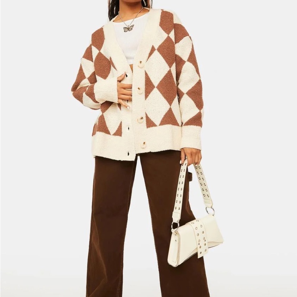 Le Lis Brown and Cream Argyle Cardigan - Picture 3 of 12